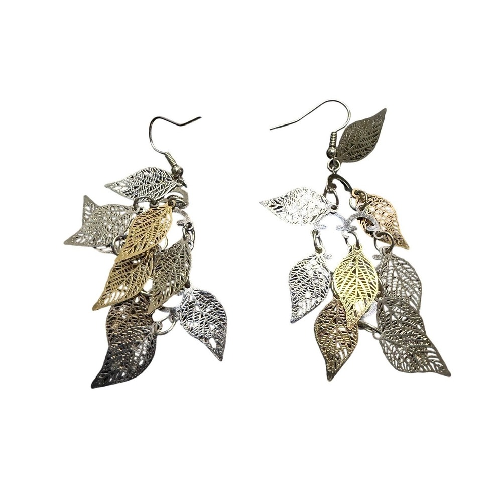 Mixed Metal Filigree Leaf Drop Earrings Gold Silver Rose Gold Boho Chandelier